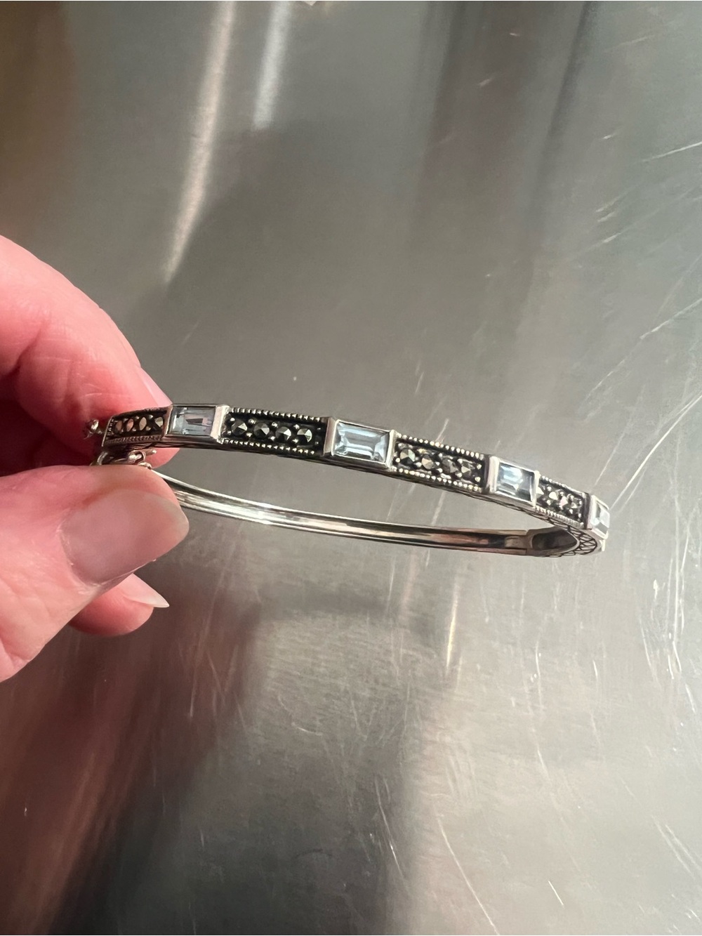 Sterling Silver Marcasite Baguette Blue Topaz Hinged Bangle Bracelet